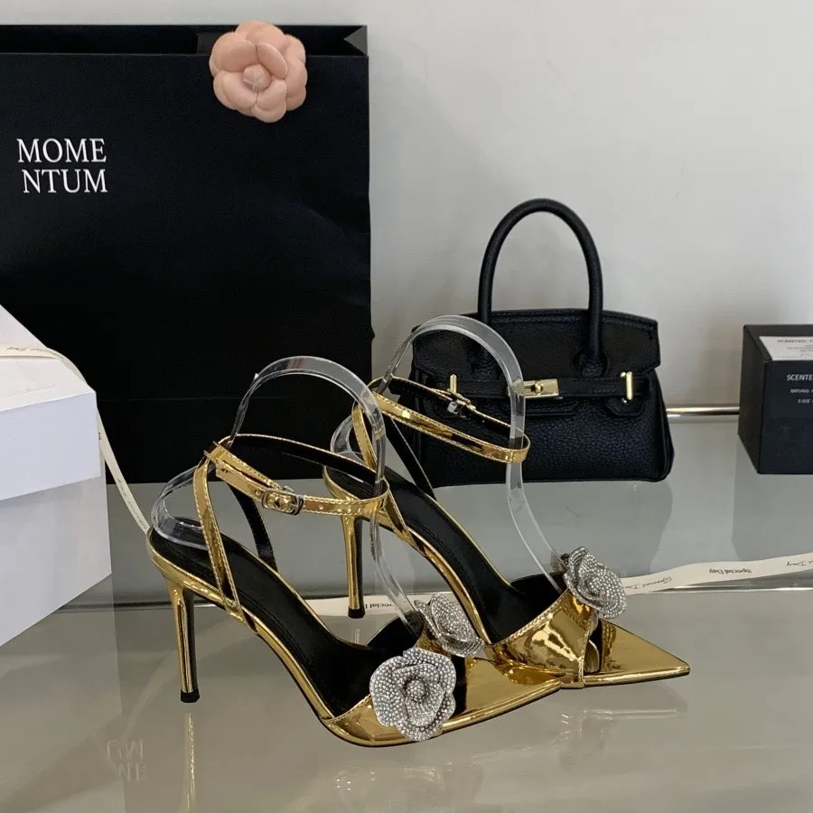 

2025 summer feeling rhinestone flower women's sandals summer new celebrity style word with sexy open-toed high-heeled sandals