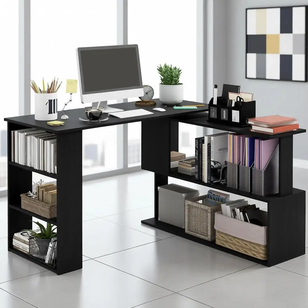 

360° Swivel L-Shaped Computer Desk with Storage, Black Home Office Writing Table Workstation