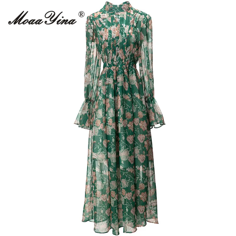 

MoaaYina Autumn Fashion Runway Vintage Floral Print Dress Women Flare Sleeve Frenulum Pleated High Waist Slim A-LINE Long Dress