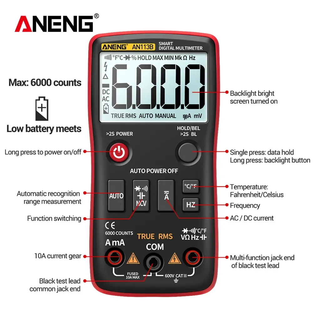 ANENG AN113B Digital Multimeter True RMS with Temperature Tester 6000 Counts Auto-Ranging AC/DC Transistor Voltage Meter