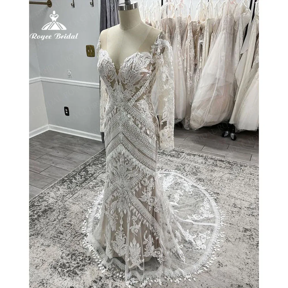 Vestido de novia bohemio ajustado con Apliques de encaje para mujer, vestido de novia Vintage con Espalda descubierta, manga de ilusión, tren de corte, Civil, 2023