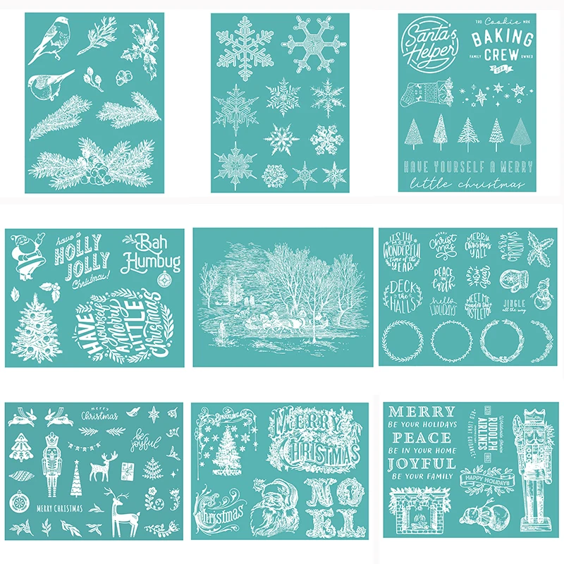 9 Styles Christmas Silk Screen Stencils Reusable Self-Adhesive Silk Screen Printing Festival Themed Transfer Washable for Diy