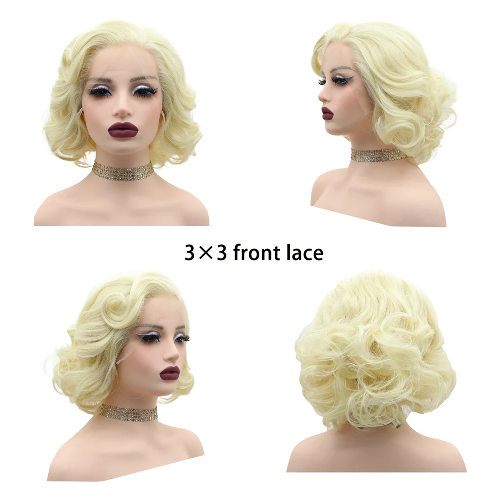 عالية الجودة مارلين مونرو تأثيري الشعر الاصطناعية 13 × 4 3 × 3 الجبهة الدانتيل الباروكة 14 بوصة يوميا قصيرة مجعد الشعر الطبيعي مقاومة للحرارة