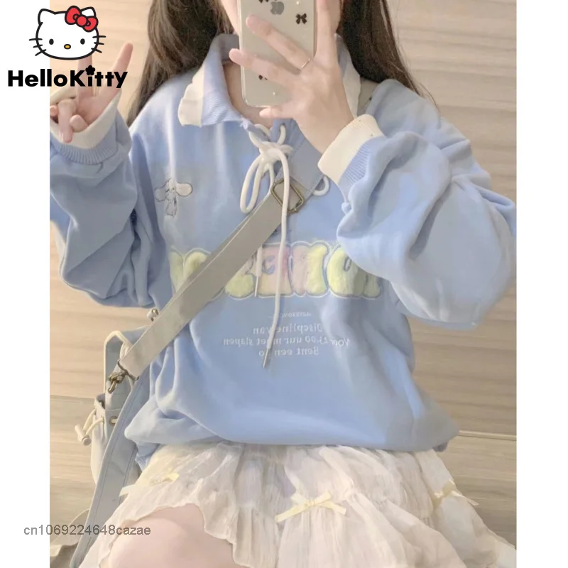 Sanrio Cinnamoroll Mùa Xuân Mới Quần Áo Y2k Rời Quần Tây Nữ Xanh Dương Mỏng Áo Thun Hàn Quốc Cao Áo Thun Polo Nữ Quần Áo