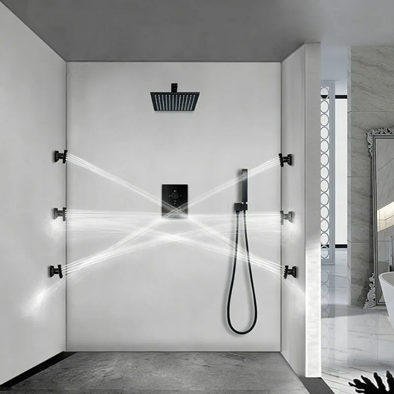 250*250mm Chrome Rain Shower System 3-Function Thermostatic Shower Set Smart LED Color-Changing Shower Faucet Massage Spray Jets