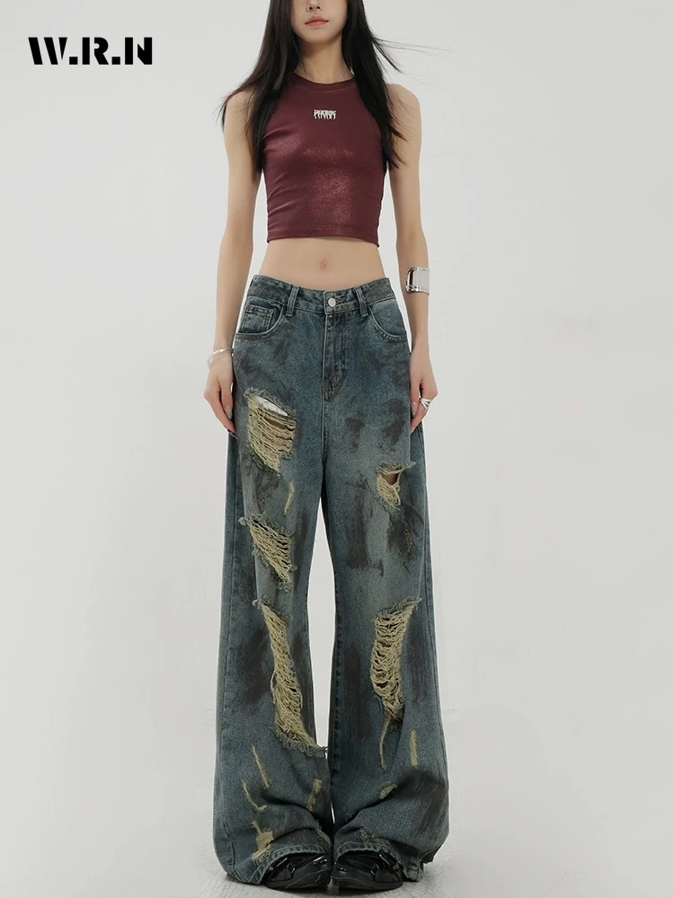 2024 Summer Sexy Vintage Ripped Harajuku Loose Fit Jeans Y2K Hollow Out Wide Leg Trashy Pants Women's Baggy Denim Trouser