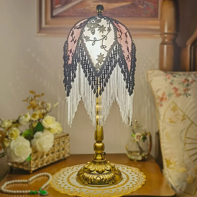SANDYHA French Retro Tassel Floor Lamp Green Patterned Fabric Lampshade Princess Bedroom Bedside Light Living Room Decor Accent