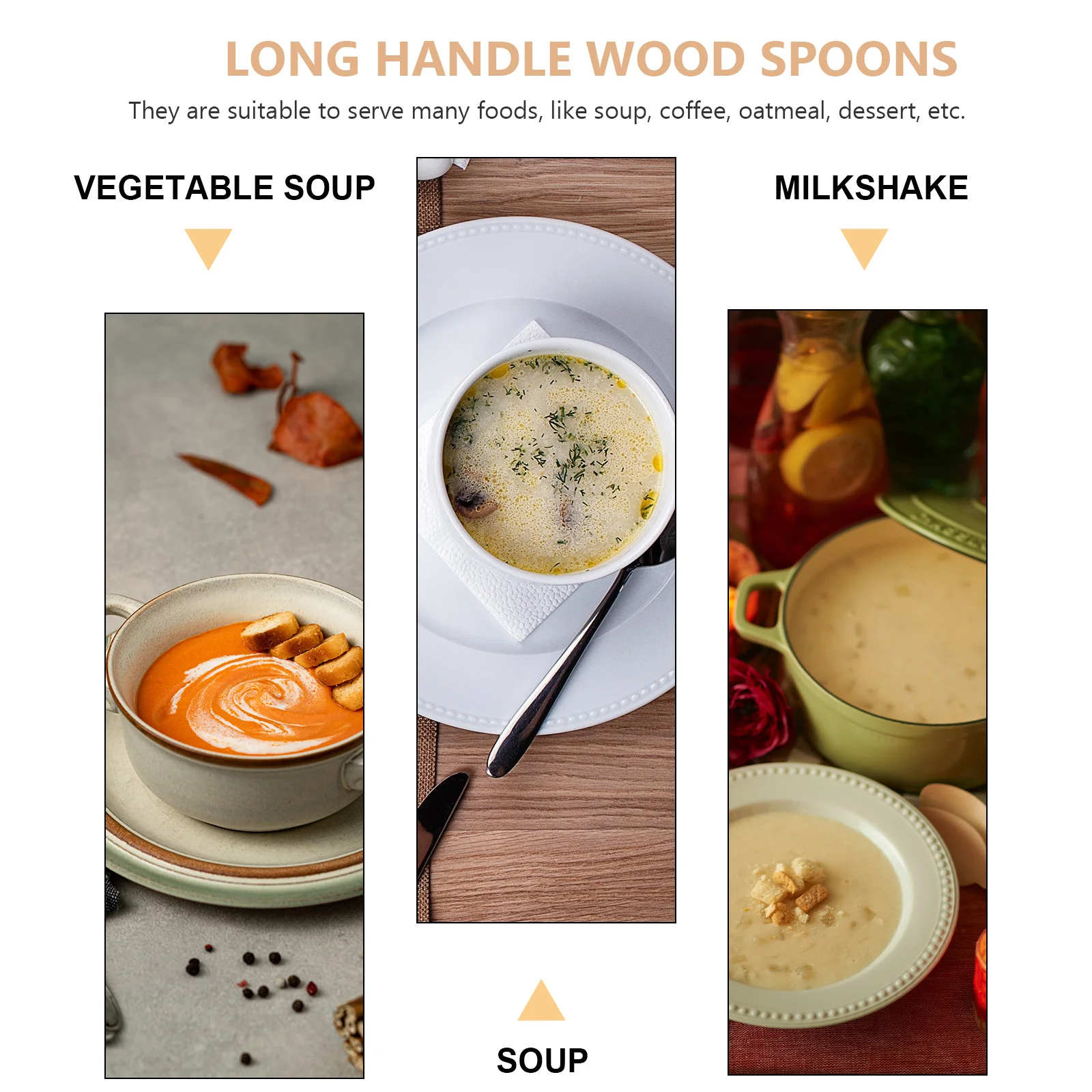 

6Pcs Wooden Spoons Household Smooth Polished Long Handle Wood Spoons for Soup Rice Coffee Dessert Kitchen Supplies