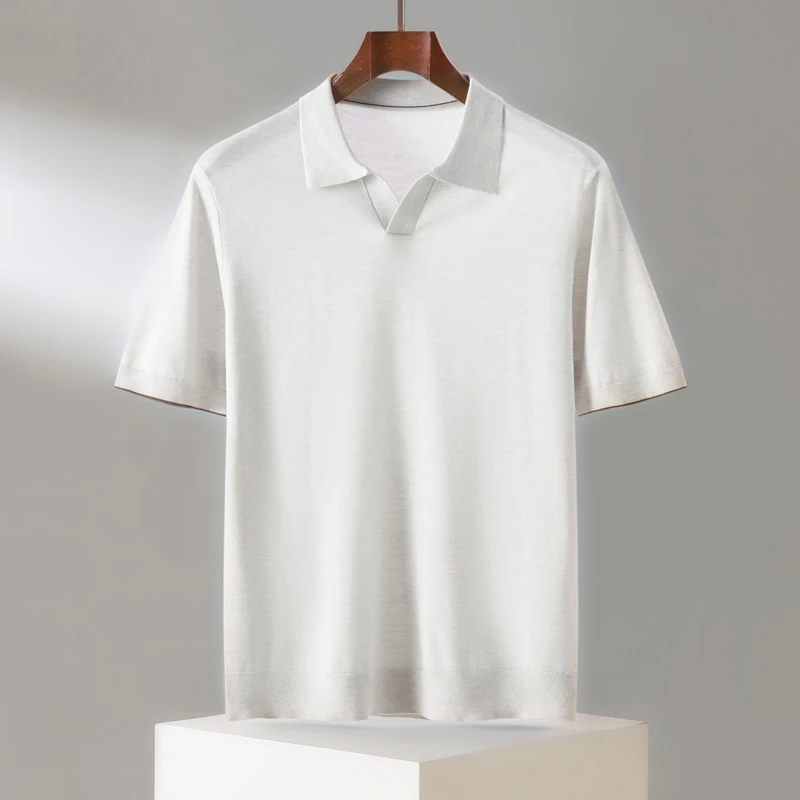 Summer 100 Lyocell Tencel Knitted Short Sleeve Men's Solid Color POLO Neck T-shirt with Half Sleeve Simple Casual Shirt