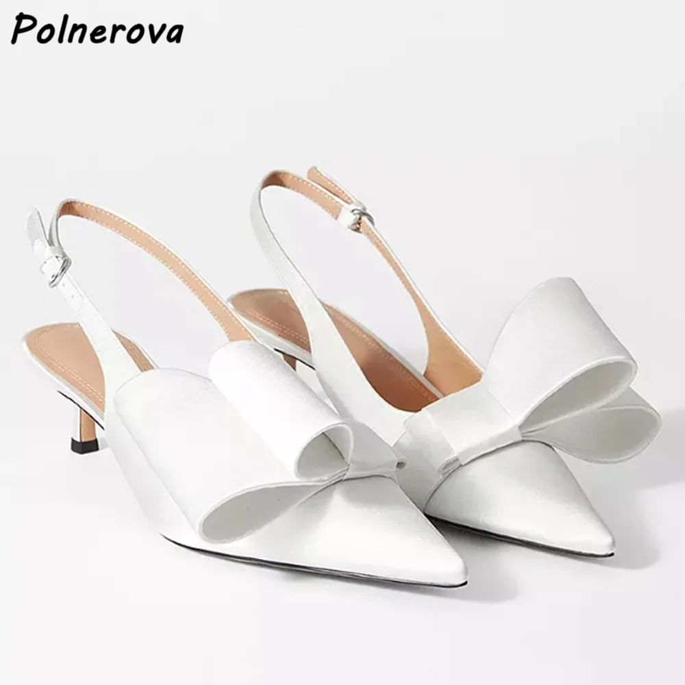 

White Butterfly Knot Sandals Kitten Heels Pointy Toe Slingback Solid Kitten Heels Women's Shoes Elegant Summer Party Shoes 2025