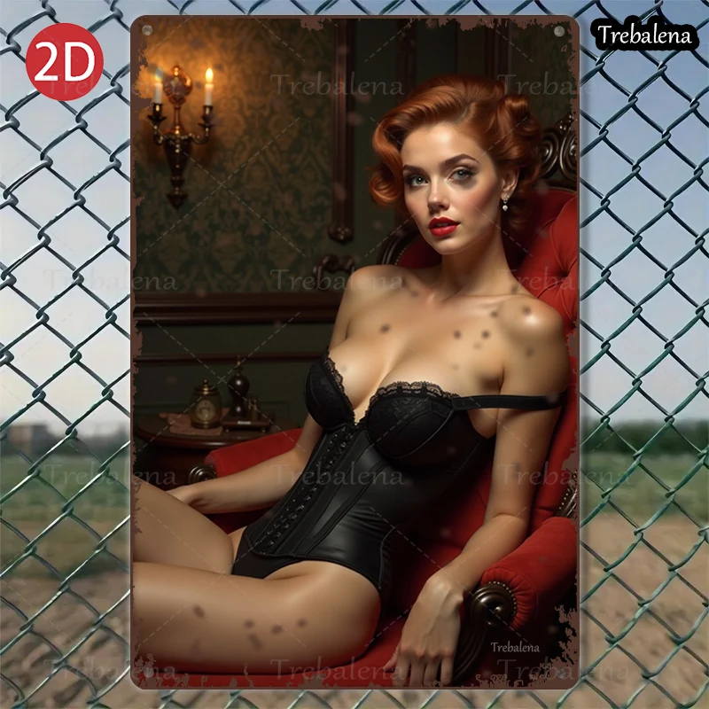 

1PC 2D Flat 8*12inch Metal Sign Vintage Lady in Corset on Red Chair Art