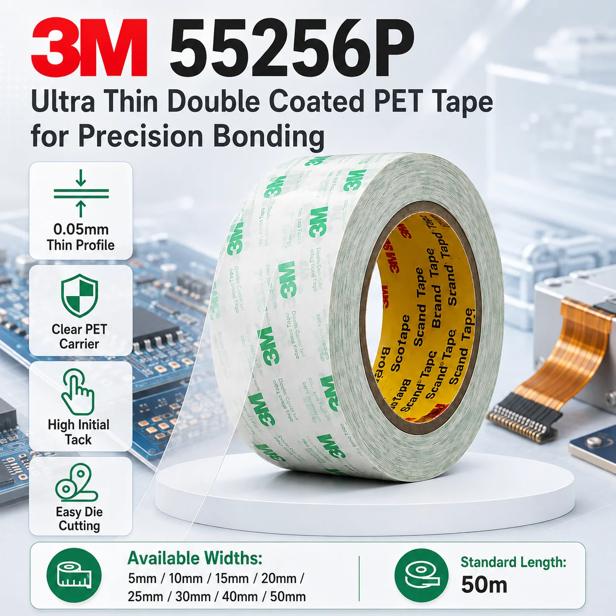 3M 55256P PET Double Sided Tape Ultra Thin 0.05mm High Tack for FPC PCB Foam Mesh Electronics Repair 50m