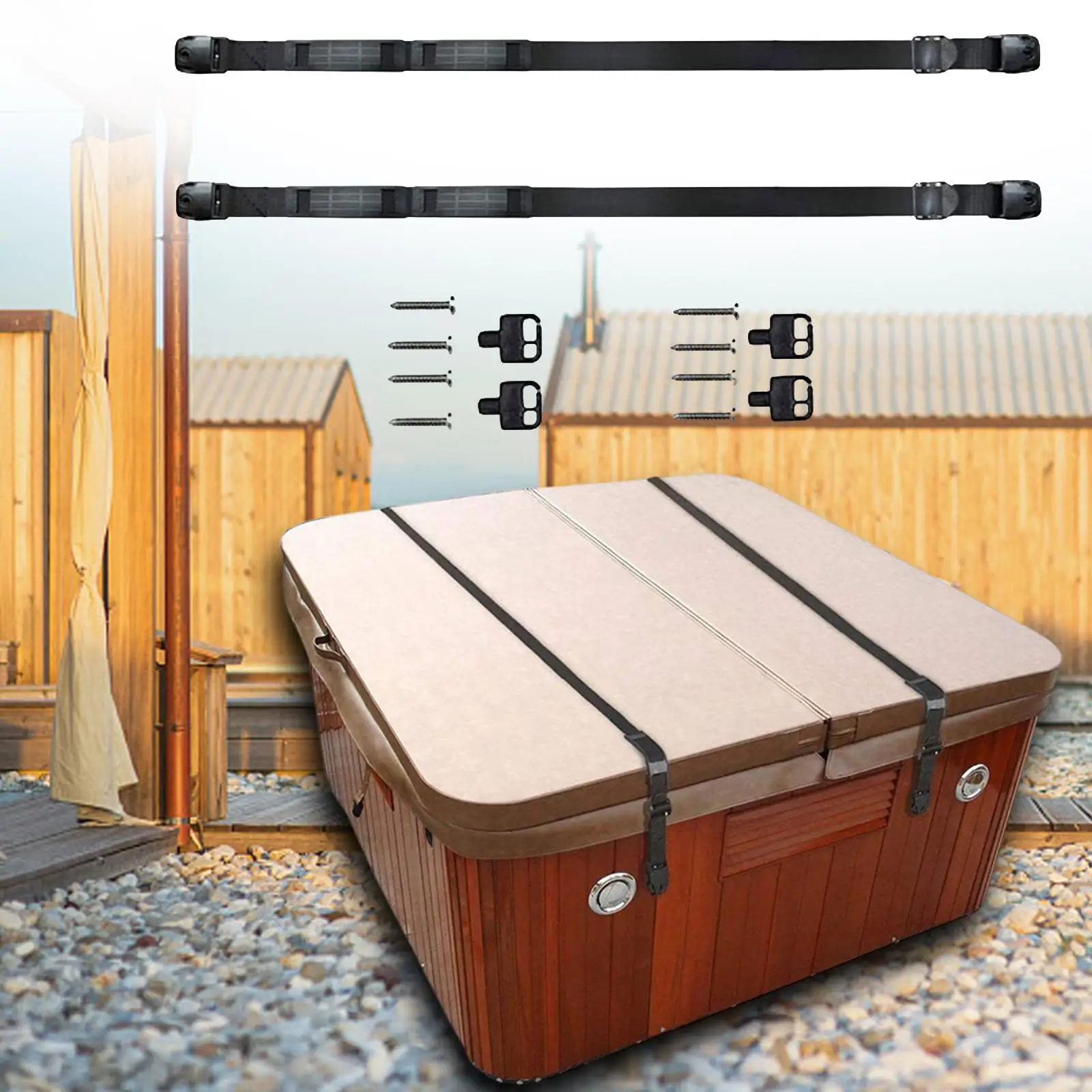 

2 Pieces Heavy Duty Cover of Wind Straps SPA Cover Wind Strap Black Lightweight Adjustable Length SPA Wind Strap for Bathtub