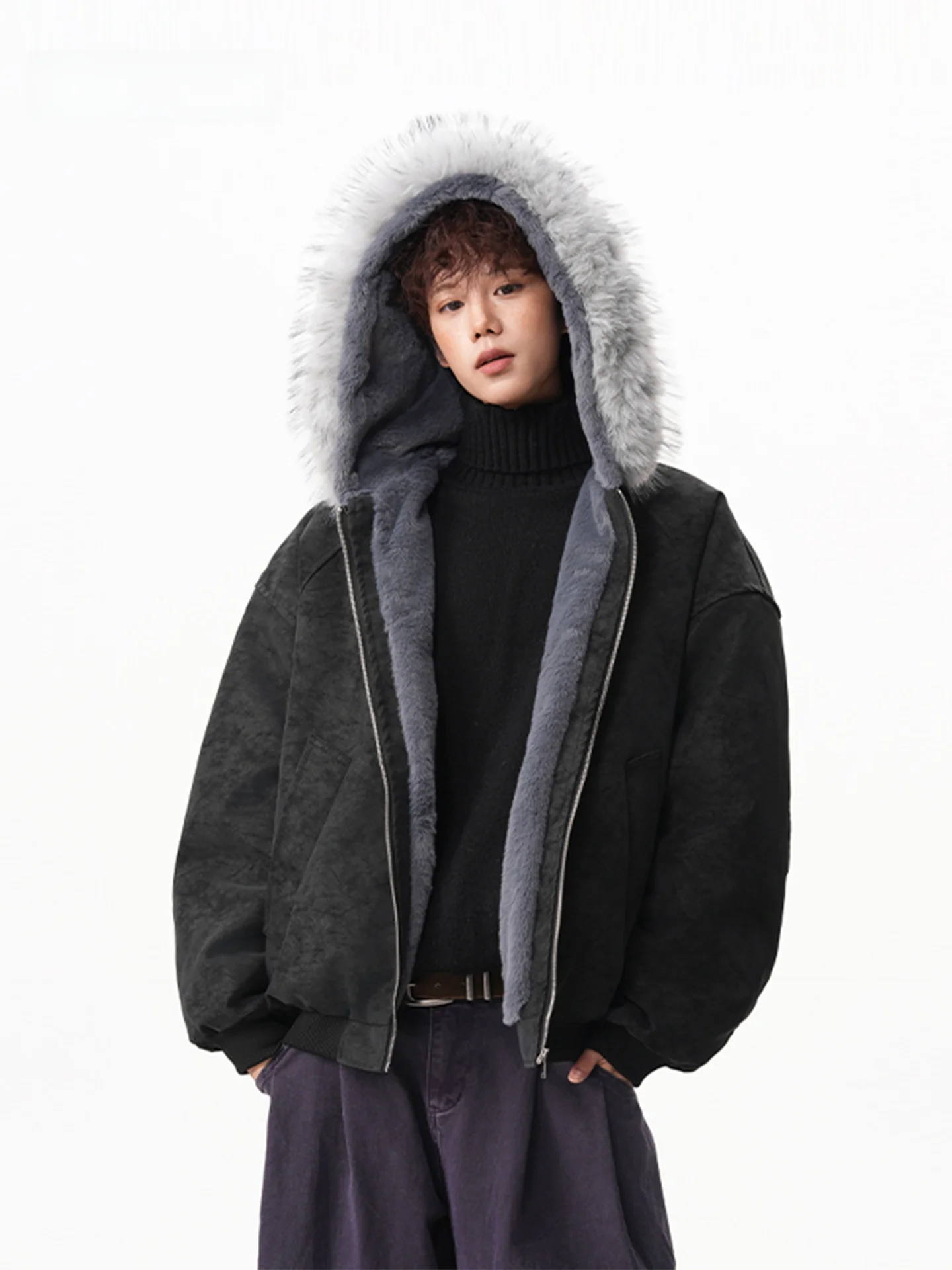 

American Sle Loose Fit Thiened Fce Lined Hooded Jaet Men's Winter Warm PU Leather Coat with Fur Collar Trendy Casual