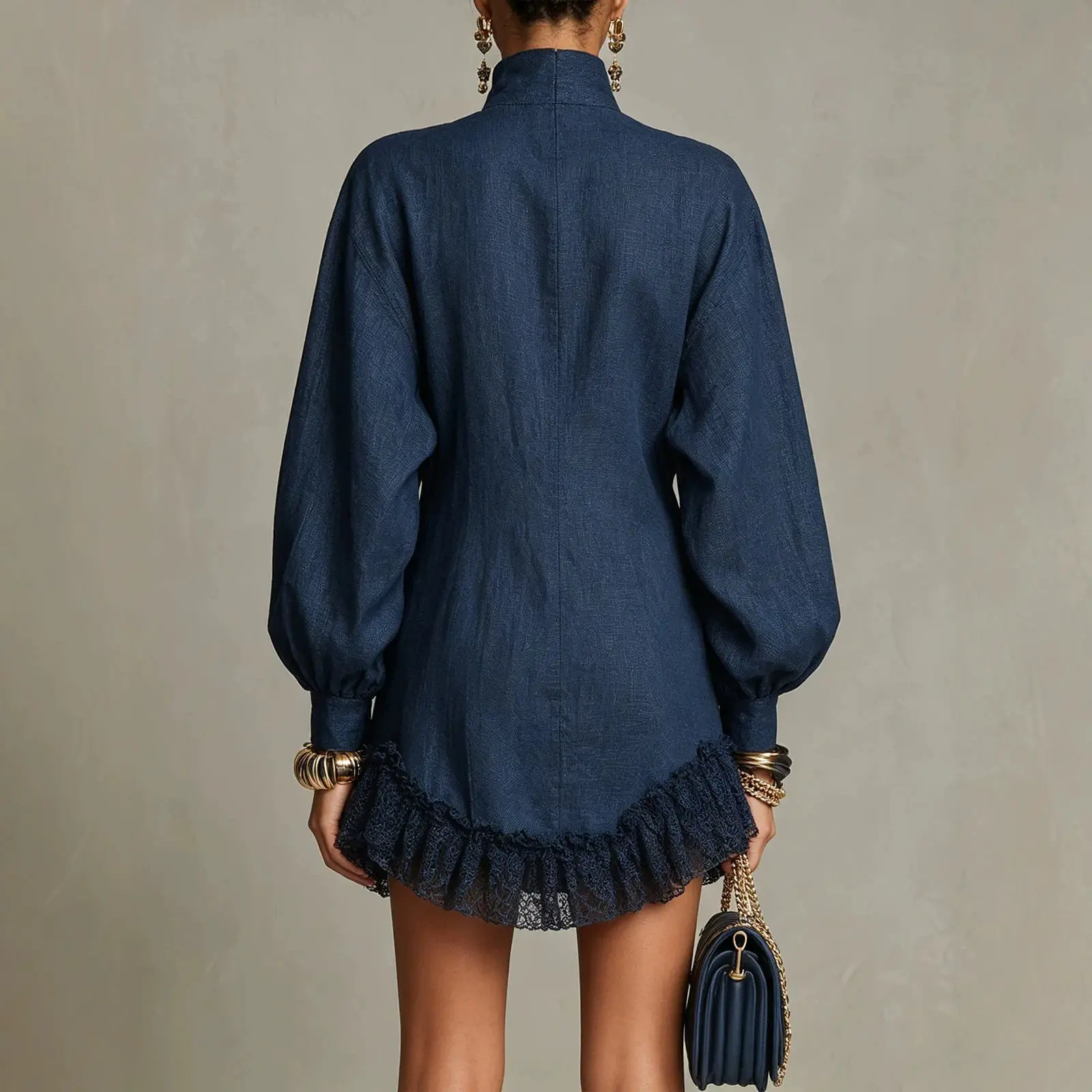 American Retro High Collar Lantern Sleeve Long Sleeve Women Mini Dresses Elegant Autumn Double Breasted Lace Ruffle Hem Dress