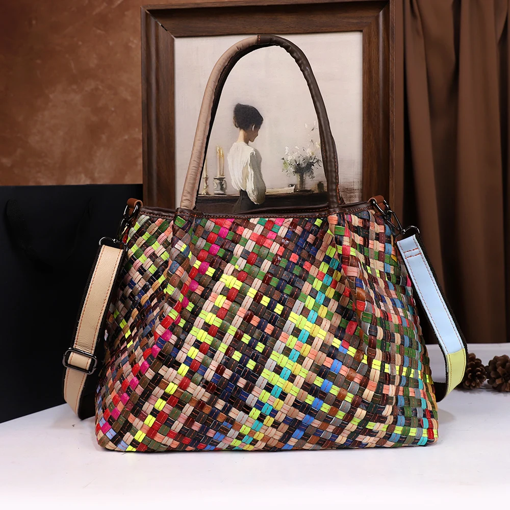 

Leather woven large handbag for women, casual single-shoulder crossbody bag, color-matched retro large capacity tote bag