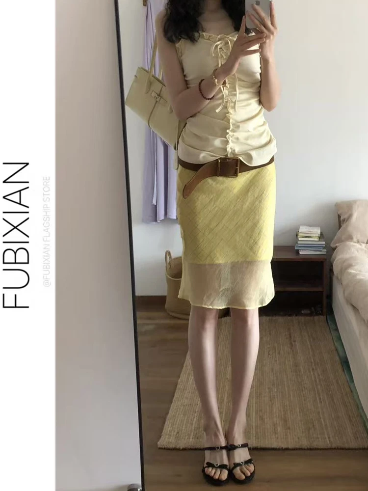Summer  Diagonal Plaid Yellow Grid Half Skirt Low Waist Pencil Skirt Drifting Double Layer Dopamine French Style A-Line ...