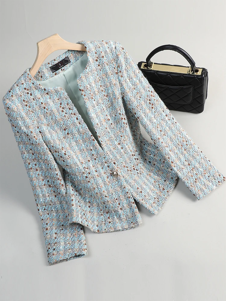 

Gray Blue Plaid Autumn Winter Women's Blazer Ladies Casual Female Jacket Coat
