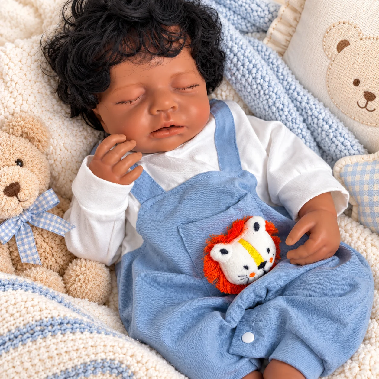 18'' Realistic Reborn Baby Doll Black Skin Hand Rooted Hair Open Mouth Lifelike Handmade Collectible Newborn Doll Girl for Gift