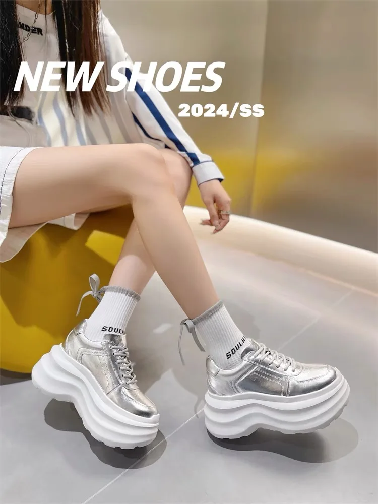 Women Sliver White Boat Chunky Sneakers Casual Shoes Luxury Brand High Heels Platform Spring Thick Bottom Height Increasing 2024