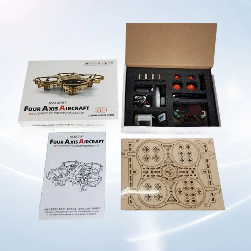 Drewniany zestaw DIY do samodzielnego montażu drona z czterema osiami, zdalnie sterowany, zabawka dla dzieci w wieku 6-2 lat, inspirowany papugą, open source, symulacja lotu.