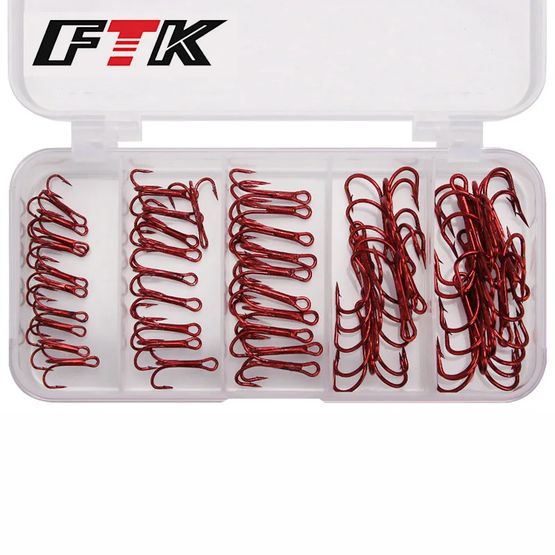 FTK 50Pcs/Box Red Anchor Hook High Carbon Steel Carp Treble Fishing Hooks Tackle Barbed Fishhook Set Triple Sea Bass Hook