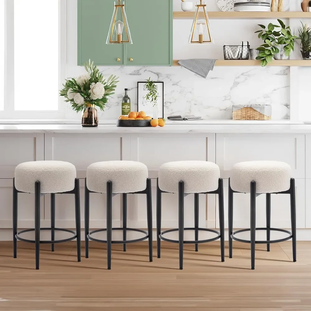 Modern Bar Stools Set of 4, 24" Sherpa Counter Height Stools with Round Soft Padded Boucle Backless Seat and Metal Mid-Century