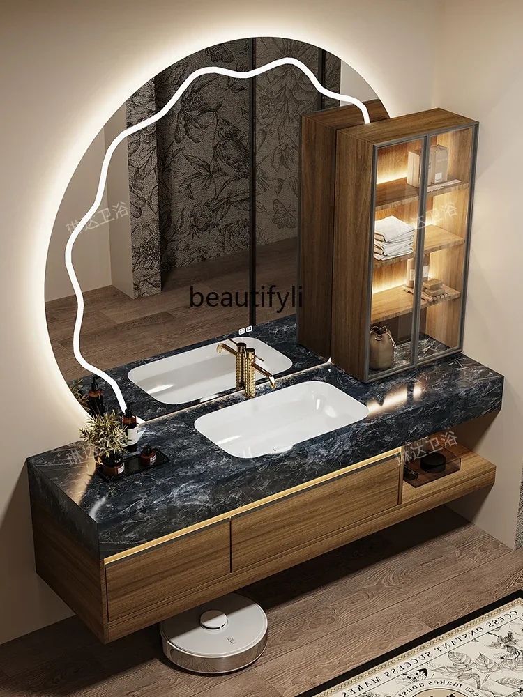 

Walnut bathroom cabinet combination rock slab ceramic seamless basin light luxury washstand wash basin9344