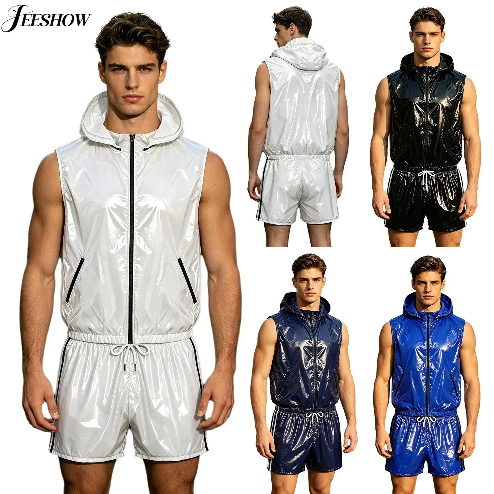 Mens Waterproof Sportwear Tracksuit Front Zipper Sleeveless Hooded Vest with Shorts Built-in Briefs