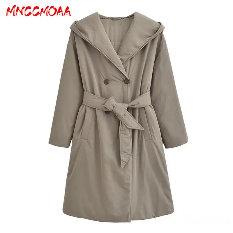 MNCCMOAA-Women's Loose Hooded Parkas, Double Breasted Coat, Long Sleeve, Belt Outwears, Female Fashion, Winter, 2024