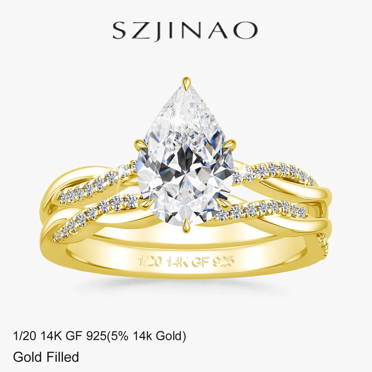Stackable 2ct Pear Cut Ring Set 14K Gold Filled Twisted Interwoven Double Band Bridal Sets Romantic for Women Wedding Gift
