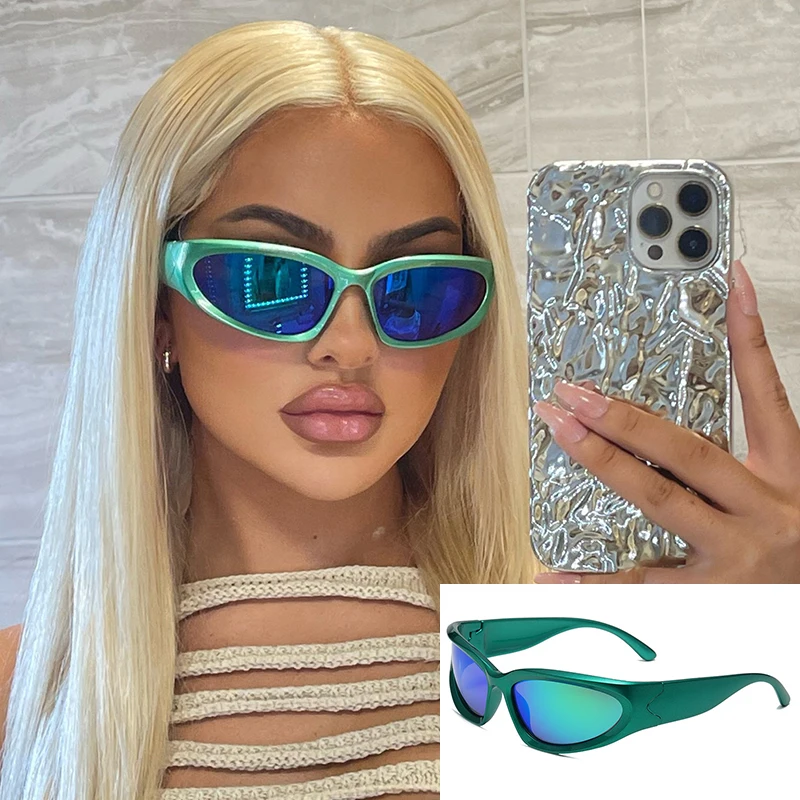 Vintage Y2K Wrap Around Sunglasses Retro 2000s Oval Metal Frame Unisex UV400 Polarized Y2k Wrap Around Women Sunglasses Futuristic Gold  main image 3