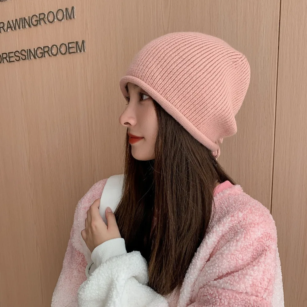 Hot Sale Knitted Pile Cap Solid Windproof Drawstring Stack Hat Ear Protection Knitted Beanies Women