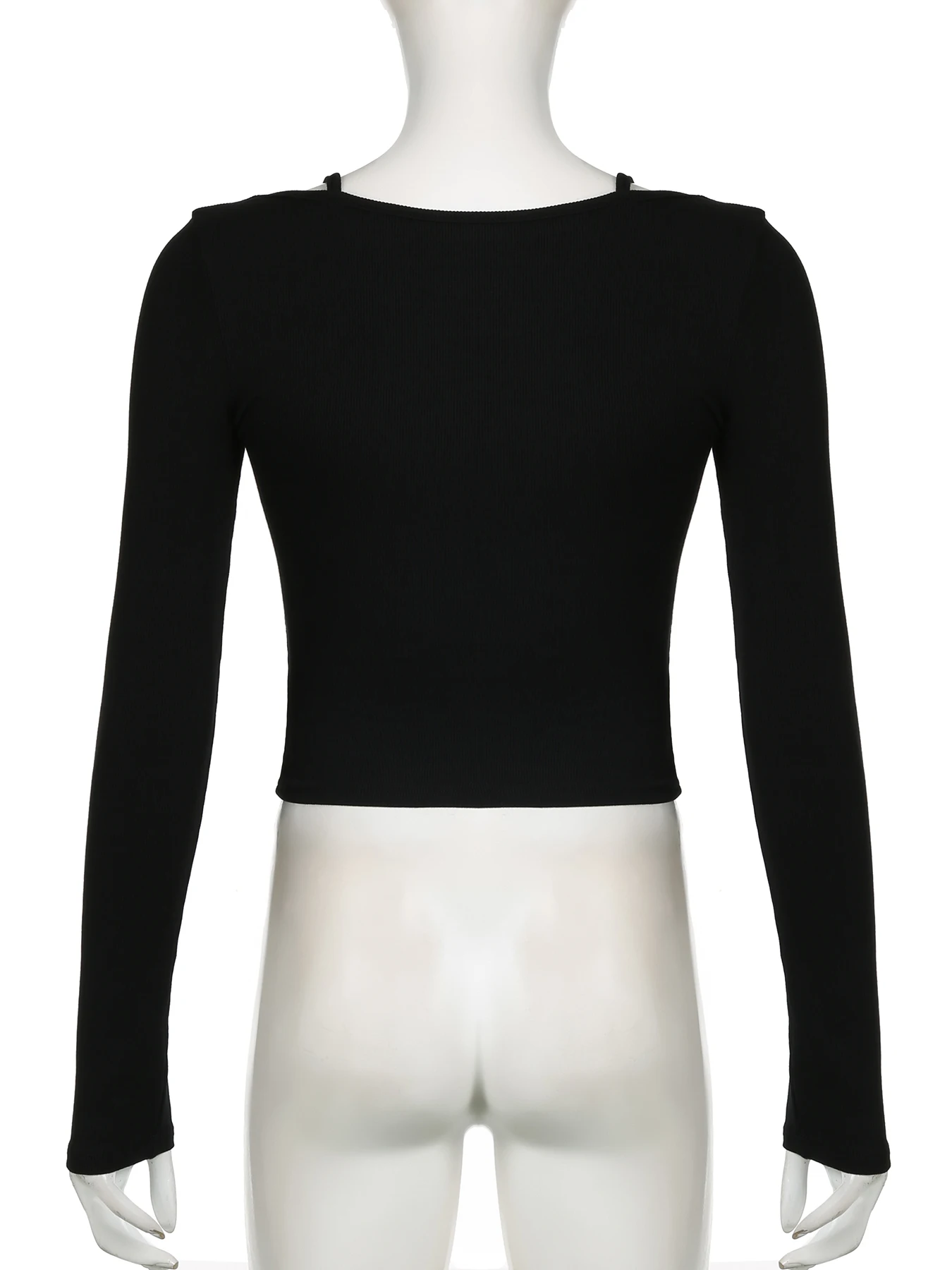 สีดําเสื้อลําลองลูกไม้Trim Halter Tเสื้อSlimสแควร์คอยาวแขนยาวTeesผู้หญิง 2025 ฤดูใบไม้ร่วงฤดูใบไม้ผลิแฟชั่นStreetwear