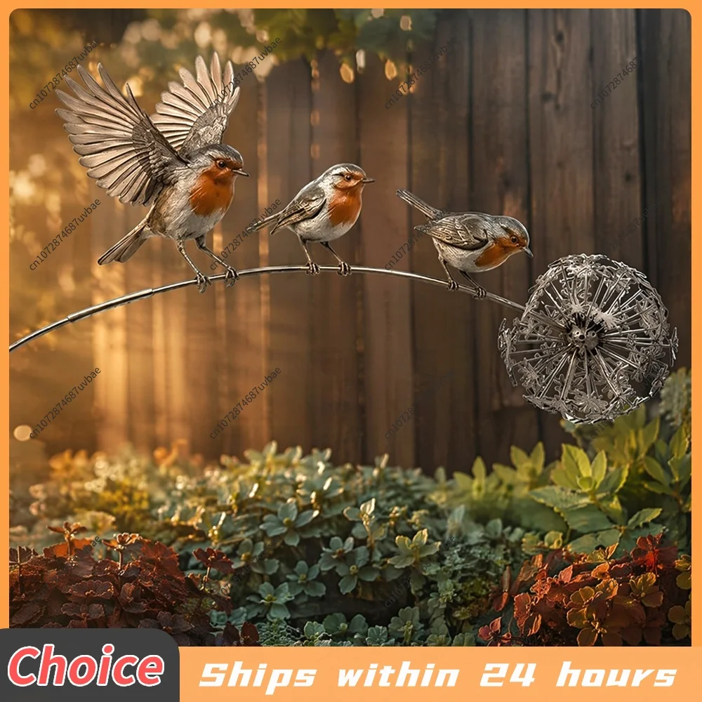 Robin Garden Stake 3 Robin Birds and Dandelion Design Outdoor Yard Art Stake Rustic Bird Yard Art Garden Ornament for Patio Lawn