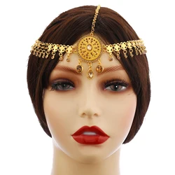 Arab Bride Wedding Head Jewelry Golden Alloy Hollow Rhinestone Water Drop Crystal Tassel Indian Bridal Head Chain For Women