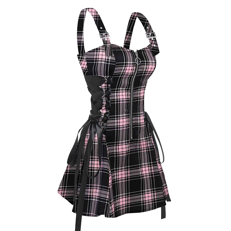 2024 Women Summer Mini Dresses Retro Plaid Print Lace Up Dress O Ring Half Zipper Adjustable Buckle Strap Sleeveless Dress