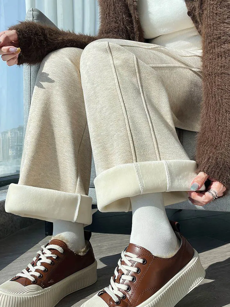 ملابس الثلوج فضفاضة مستقيمة السراويل الكورية موضة مرونة عالية الخصر المخملية اصطف Sweatpants المرأة عادية رشاقته الدافئة Pantalones