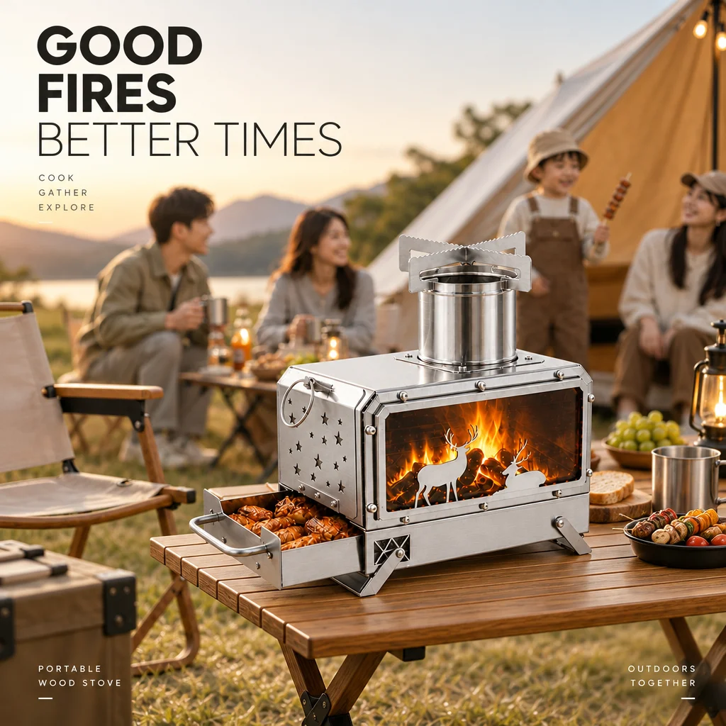 Portable Stainless Steel Foldable Square Outdoor Firewood Burner Stove for Picnic Hiking Camping Outdoor Kitchen Accessories