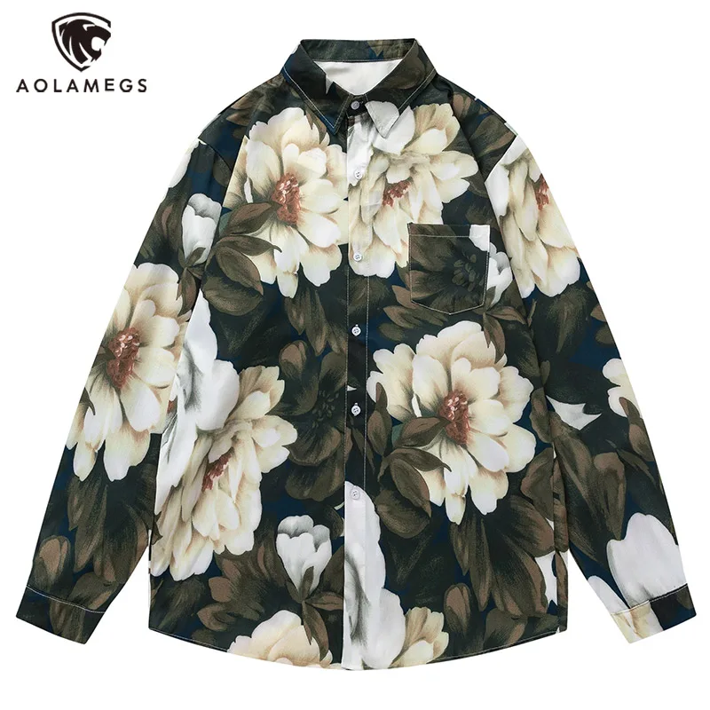 

Men's Shirts Floral Print Blouse Versatile Loose Unisex Tops Literary Style Clothes National Trend Button Lapel Coats Autumn