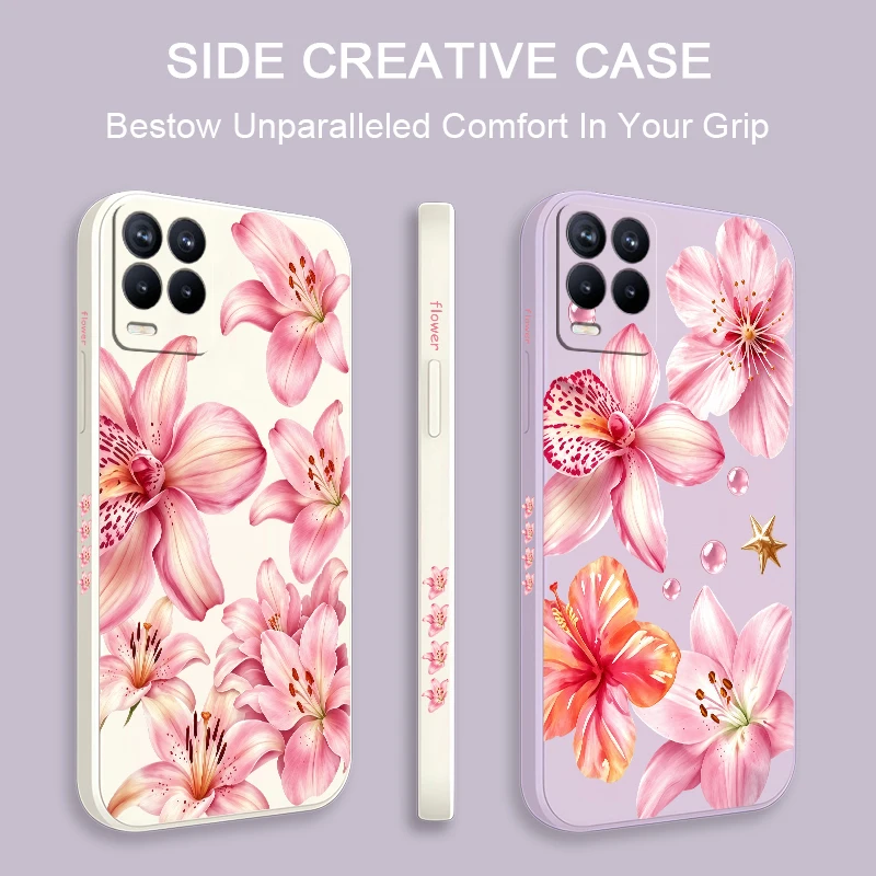 Pink Lily Lychee Texture Case For OPPO Realme 9 Pro Plus 9i 8i 7i 7 6s 5s 5i 5 Soft Silicone Drop Resistant Full Protection Capa