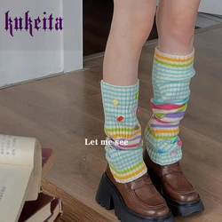 Kukeita Harajuku Colorful Striped Leg Warmer Socks Women Girls Japanese Kawaii Cute Button Knitted Leg Cover Y2k Girls Leg Socks