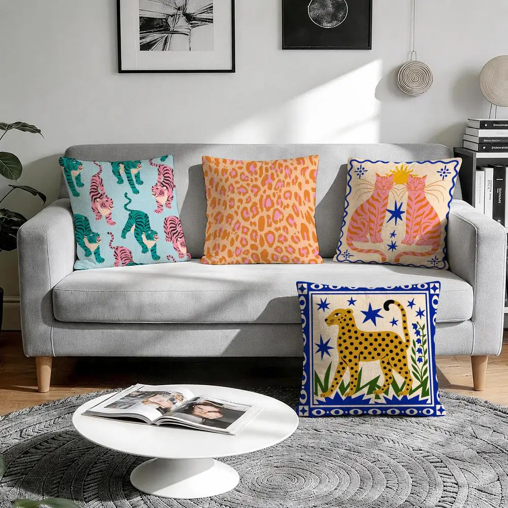 Tiger Cheetah Alligator colorful Cushion Cover Natural Breathable Durable Linen Printed Decor Pillow Case Sofa Bedroom