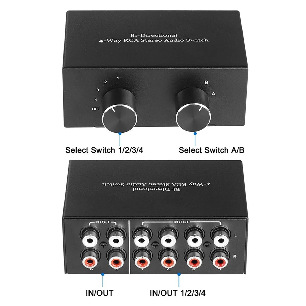 Bi-Directional 4-Way Stereo Audio Switch L/R Sound Channel Audio Switcher,2 in 4 Out or 4 in 2 Out Audio Splitter