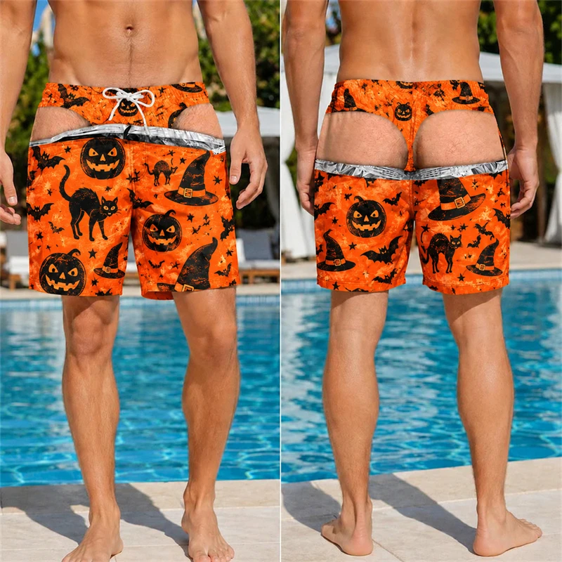 Lustige 3D-Shorts mit Haarigem Po-Print für Männer, Halloween-Muster, Neuartige Badehose, Schnelltrocknend, für Poolparty, Urlaub, Übergroße Shorts – Detail 6