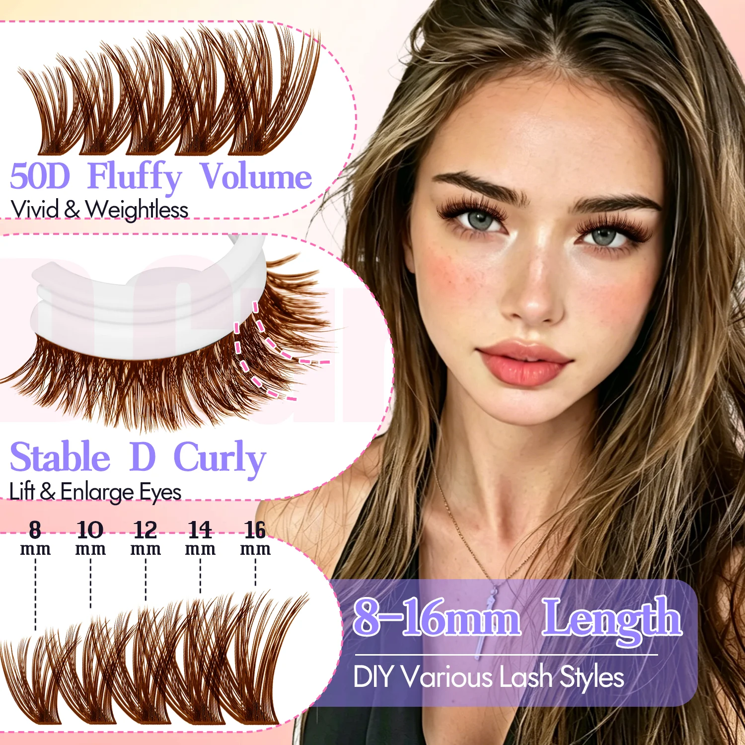 EIMNY 300-teiliges braunes Wimpern-Cluster-Set, warme braune Wimpern passen perfekt zu hellbraunen Haartönen, lang und für Anfänger geeignet – Detail 6
