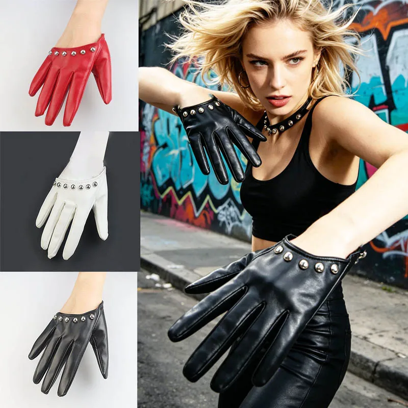 Women Sexy PU Leather Gloves Punk Dancing Half Palm Gloves Street Dance Performance Party Show Costume Fingerless Gloves Mittens