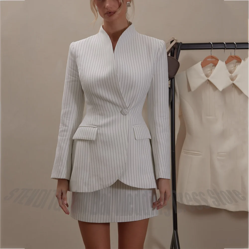 White Striped Women's Two Piece Set Stand Collar Blazer Mini Skirt Waist-Cinching Tailored Modern Casual Prom Suit Outfit