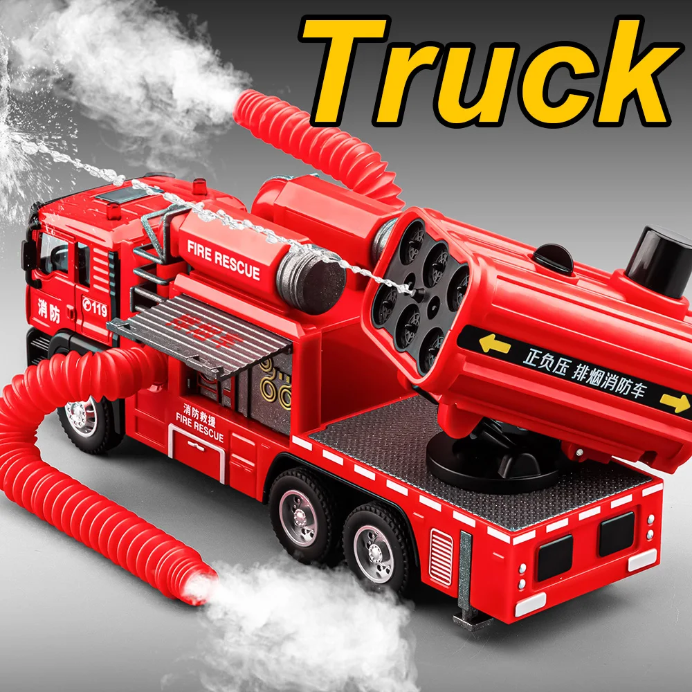 1:50 Spray Fire Truck Miniature Alloy Diecast Model Car Toy with Sound Light Doors Opened Pull Back Vehice for Kid Birthday Gift