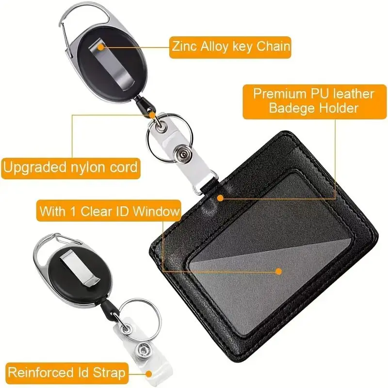 ID card case PU leather ID card holder with 1 transparent ID window, detachable neck strap and extendable carabiner keychain